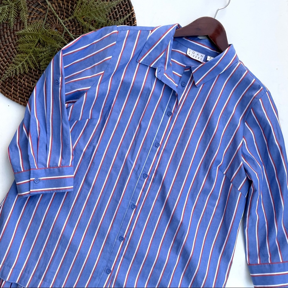 Joan Rivers Womens Shirt Blue Stripe 3/4 Sleeve Button Front Pleated Hem Medium
